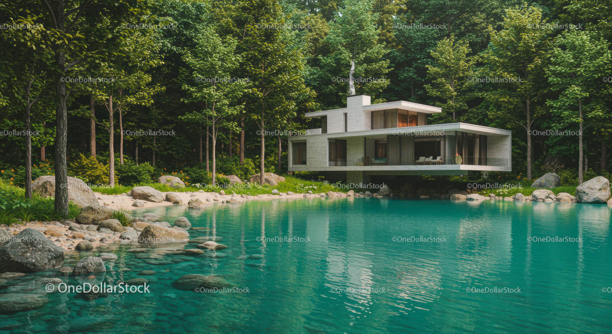 Modern Lakeside House Surrounded by Lush Forest