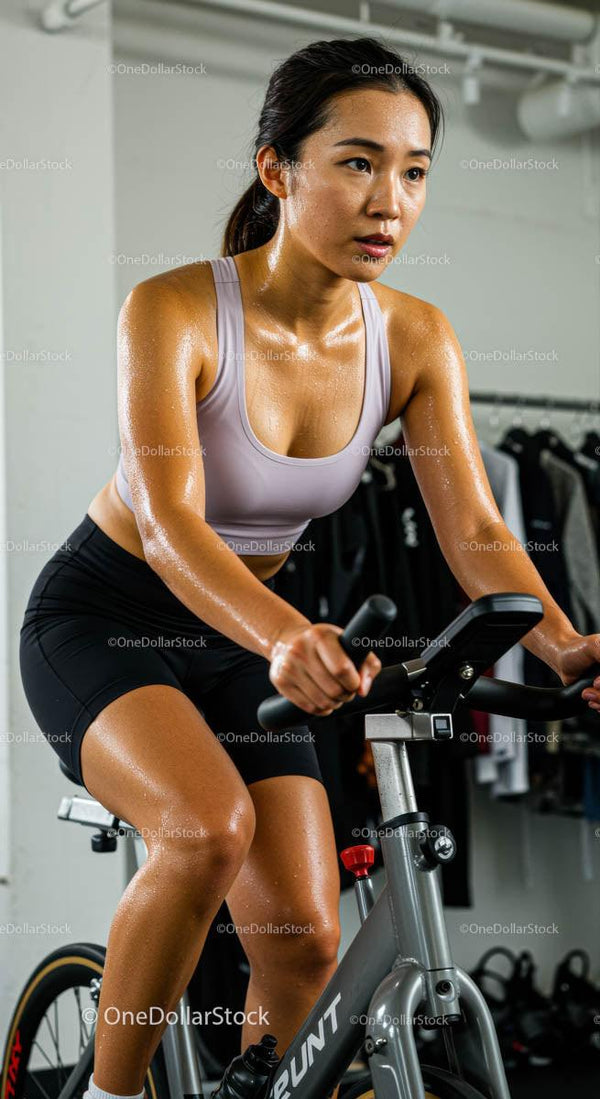 Focused Woman on Exercise Bike in Intense Workout