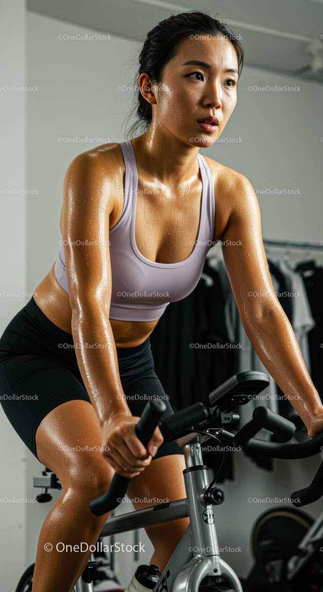 Focused Woman on Exercise Bike in Gym Setting