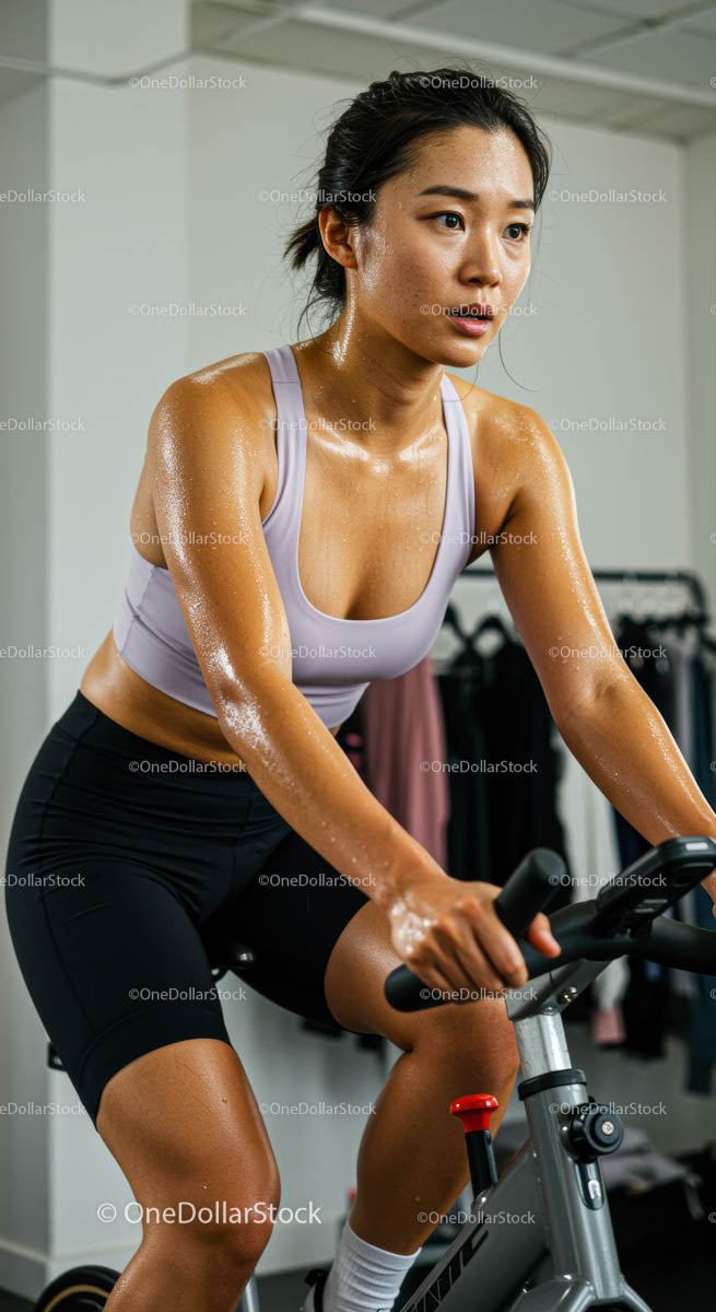 Determined Woman Engaging in Intense Indoor Cycling Workout