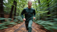 Man Running Through Lush Green Forest in Athletic Gear