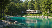 Modern Lakeside House Surrounded by Lush Green Forest
