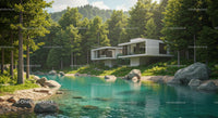 Modern Forest Retreat by a Tranquil Pond