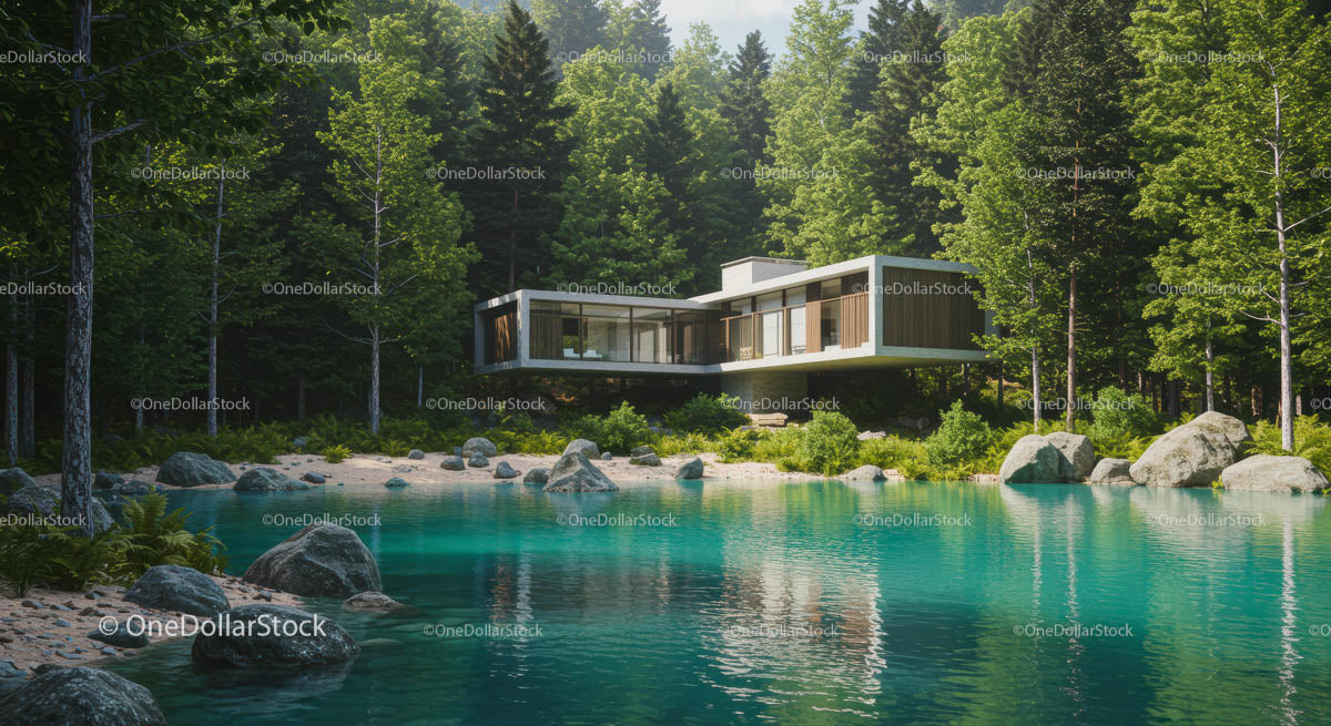 Modern Glass House by Tranquil Forest Lake