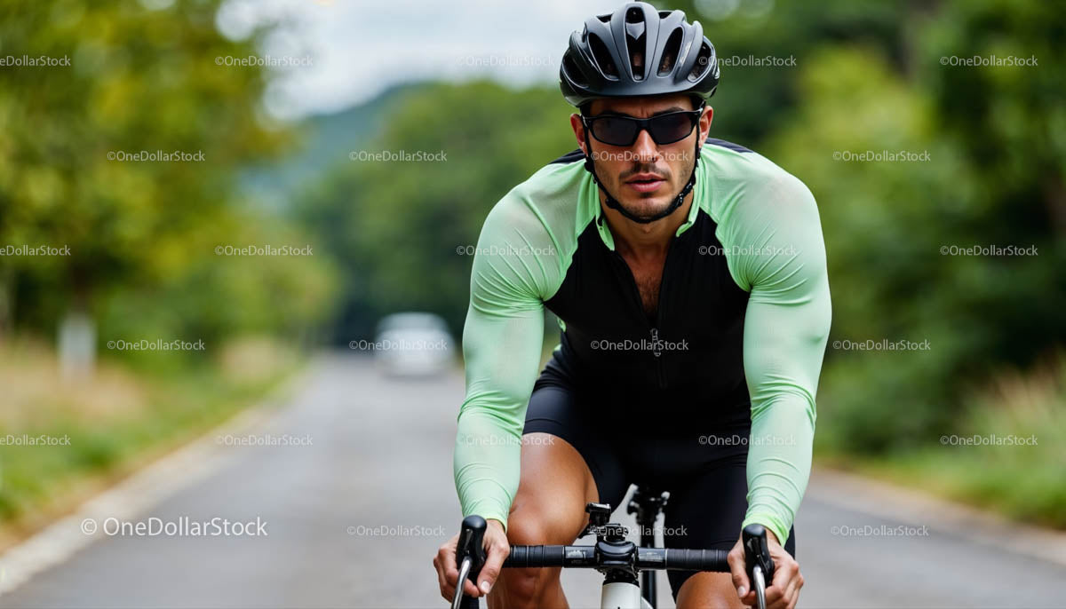 Focused Cyclist in Green Riding on a Scenic Road