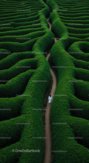 Solitary Figure Walking Through Lush Green Hedge Maze