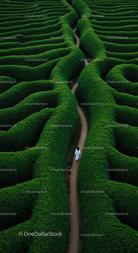 Solitary Figure Walking Through Lush Green Hedge Maze