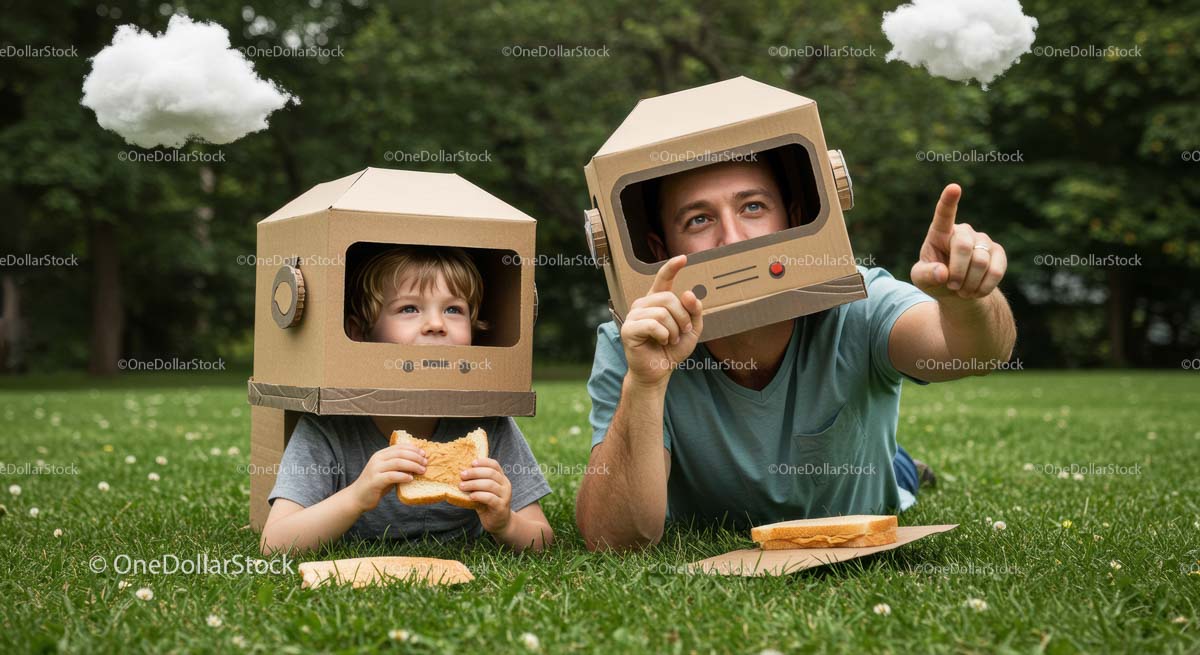 Father and Son Enjoying Playful Imagination in the Park