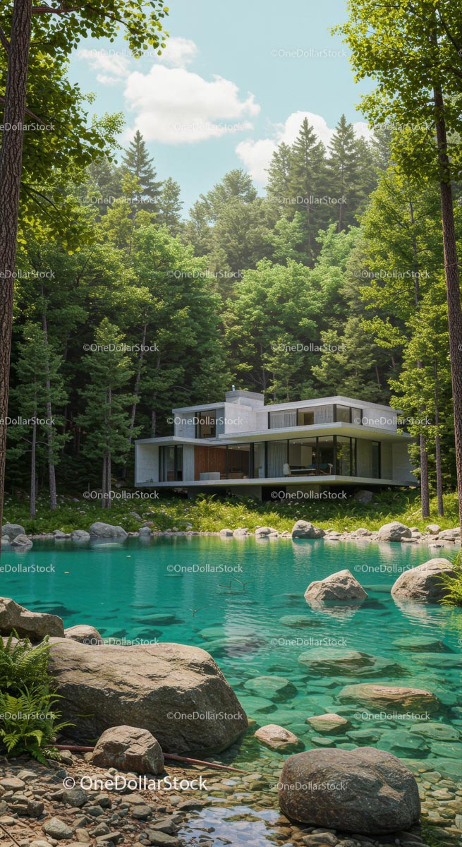 Modern Forest Retreat by a Tranquil Pond