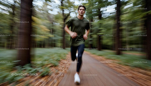 Young Athletic Man Running Through a Vibrant Forest Path