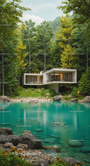Modern Forest Retreat by a Tranquil Pond