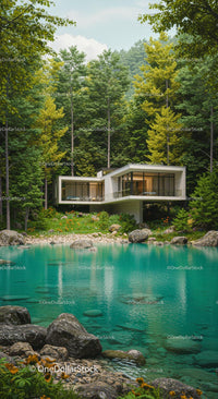 Modern Forest Retreat by a Tranquil Pond