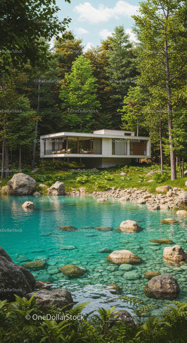 Modern Glass House by Tranquil Forest Lake