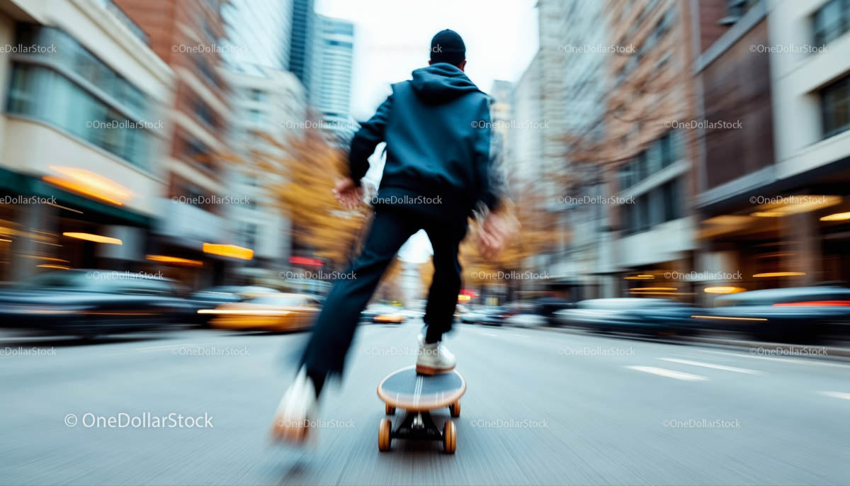 Dynamiczny skater sunący po tętniących życiem ulicach miasta