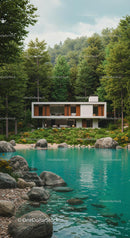 Modern Forest Retreat by a Tranquil Pond
