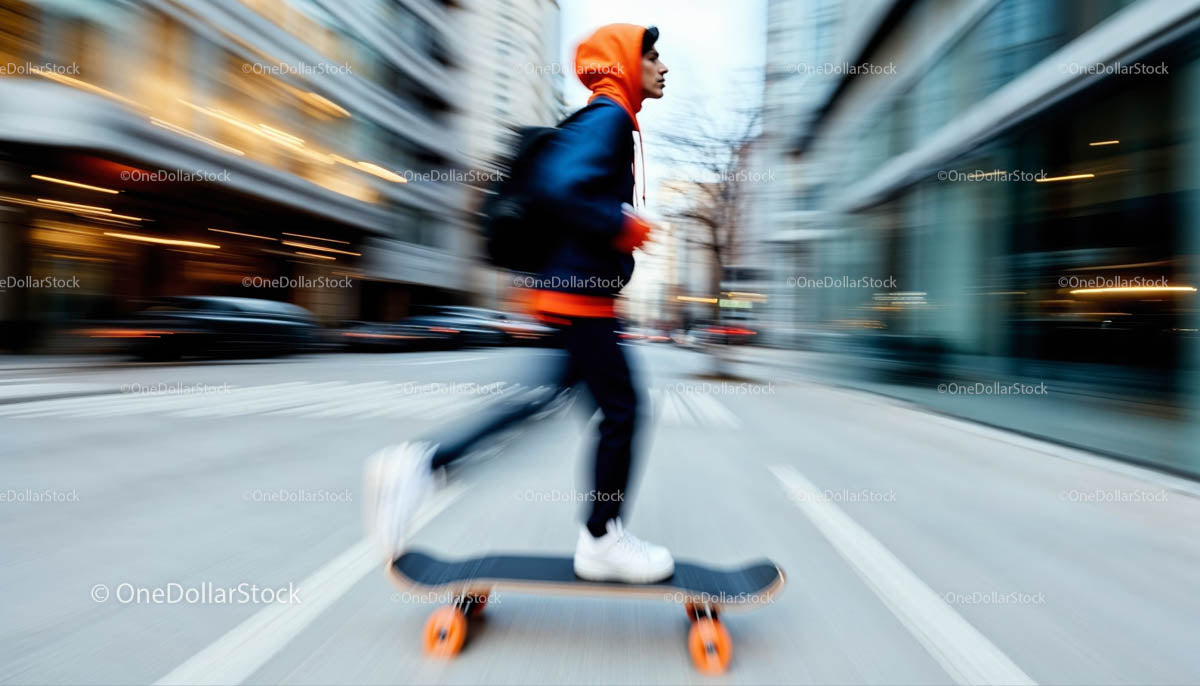 Fast-Moving Skateboarder in Vibrant Urban Scene