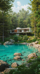 Modern Glass House by Tranquil Forest Lake