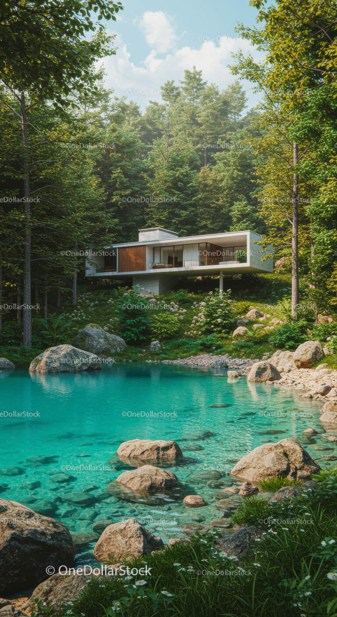 Modern Glass House by Tranquil Forest Lake