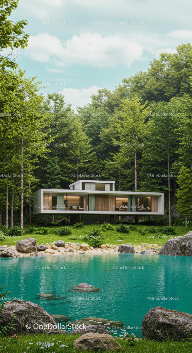 Modern Forest Retreat by a Tranquil Pond