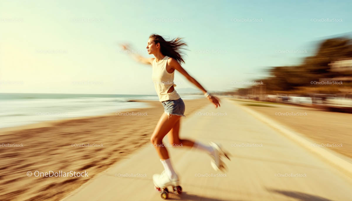 Young Woman Roller Skating Along Beachside Pathway