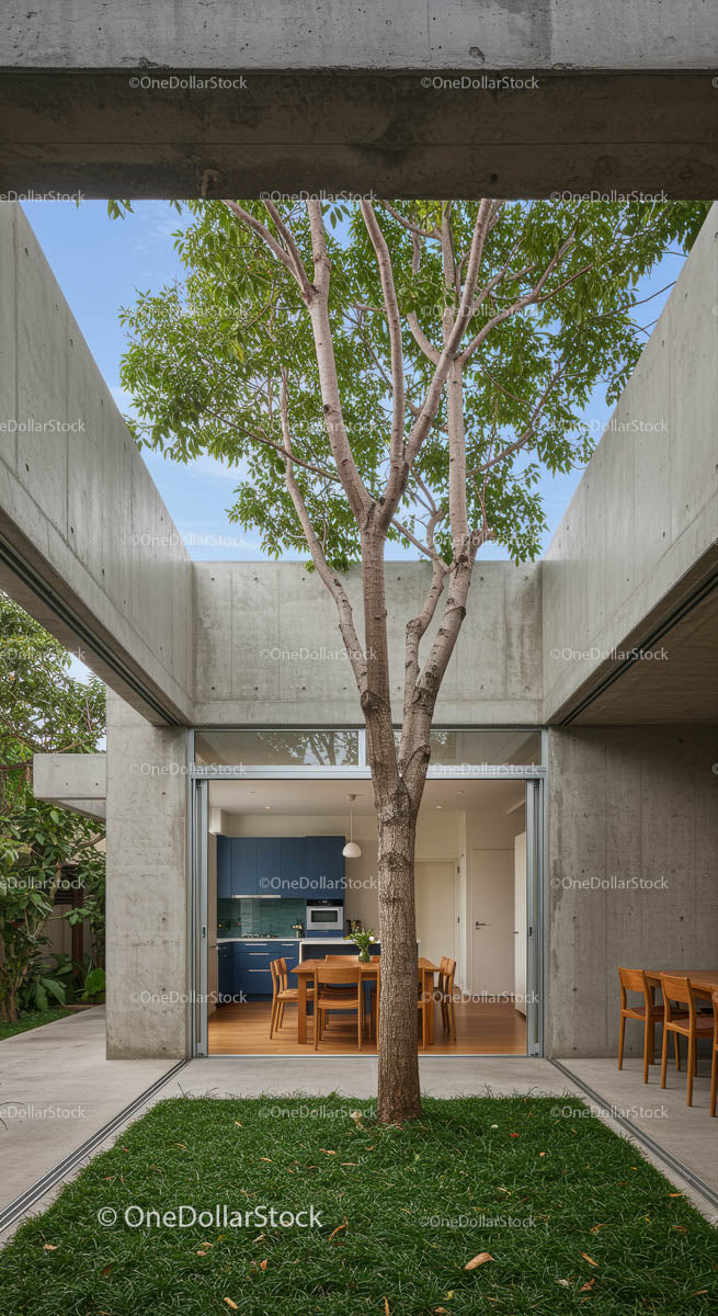 Modern Courtyard with Central Tree and Open Design
