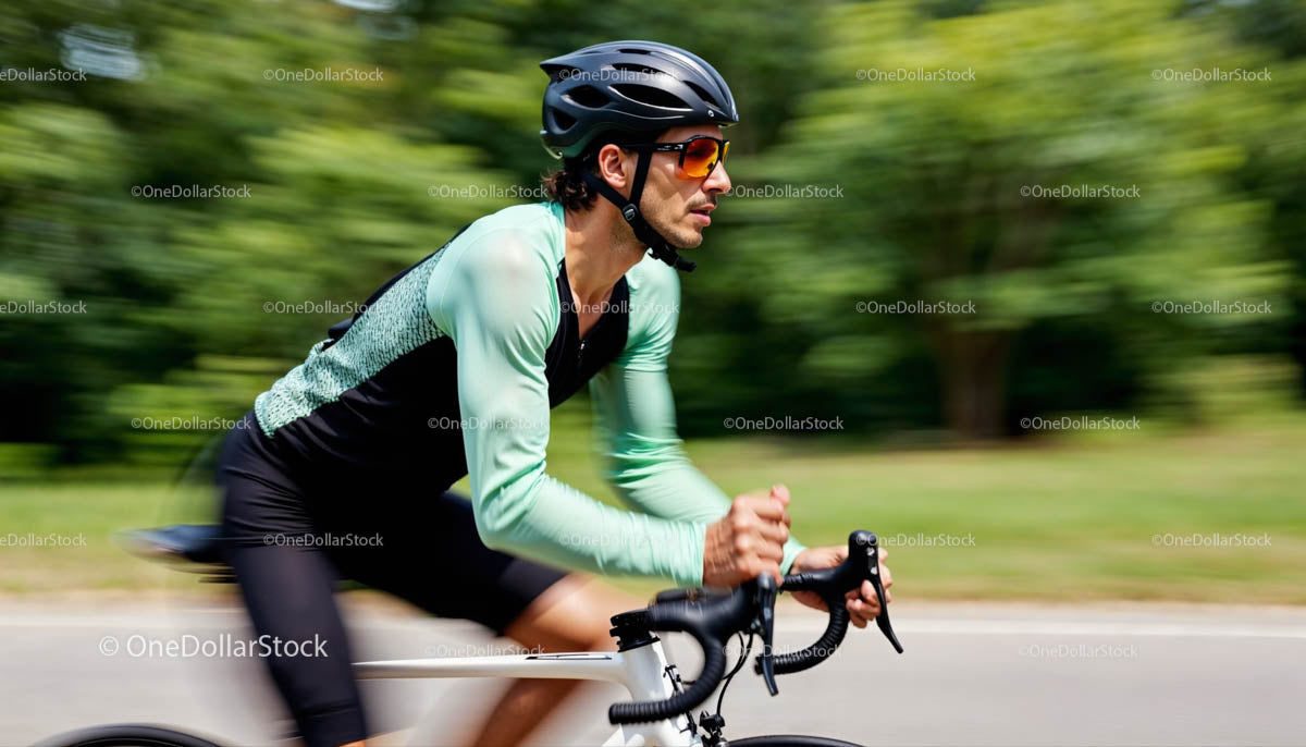 Cyclist Riding Fast in Nature with Green Jersey