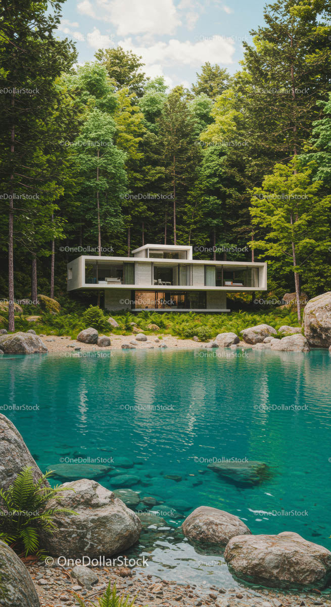 Modern House Overlooking Serene Lake and Forest Landscape