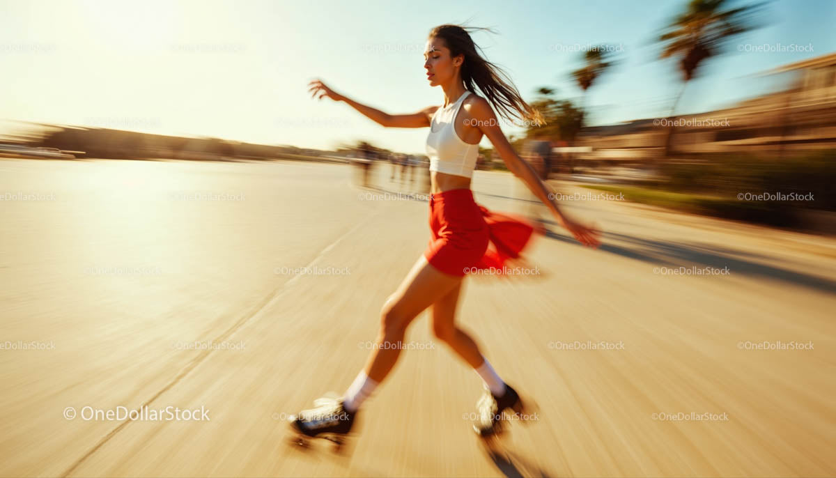 Roller Skating Girl in Red Skirt on Sunny Beach Promenade