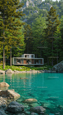 Modern Cabin by Serene Lake in Verdant Forest Setting