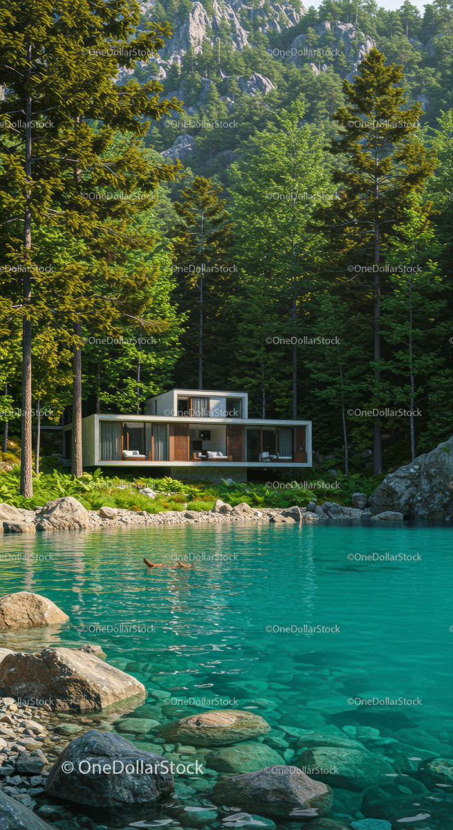 Nowoczesna chata nad jeziorem Serene Lake w otoczeniu zielonego lasu