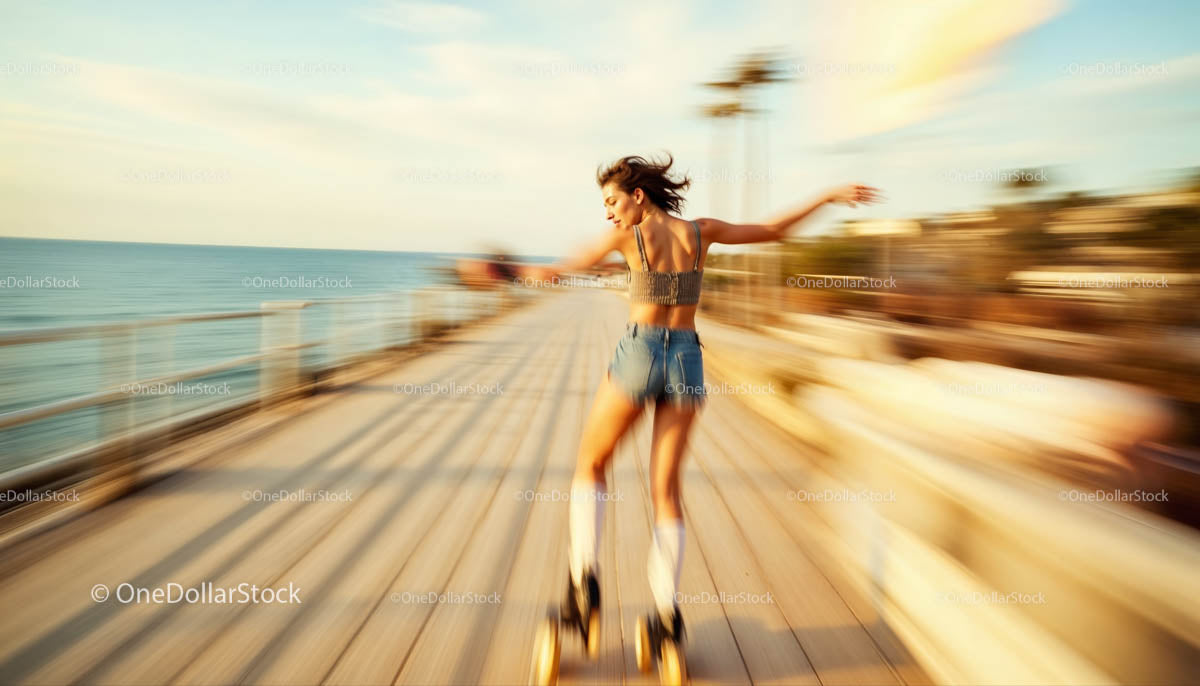 Woman Roller Skating on Boardwalk at Sunset