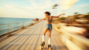 Woman Roller Skating on Boardwalk at Sunset