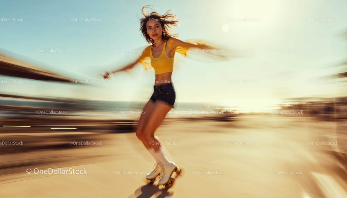 Young Woman Roller Skating on a Sunny Beachside Path