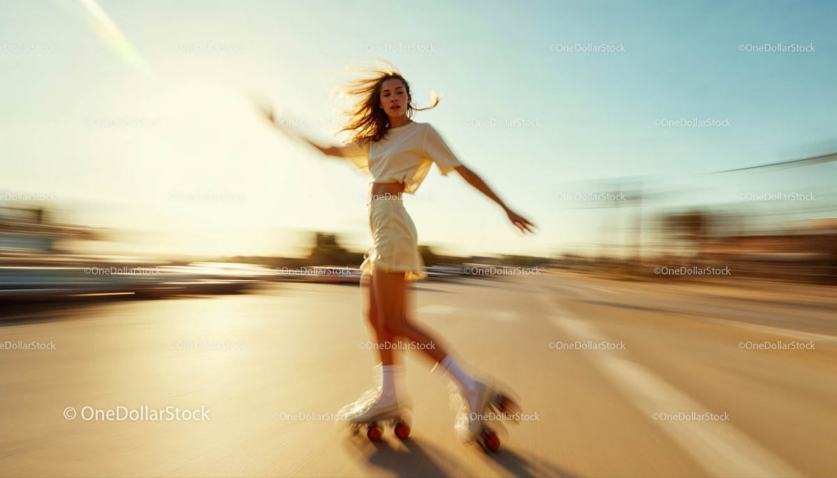 Young Woman Roller Skating on a Sunny Day