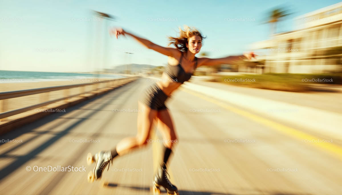 Young Woman Skating Energetically Along Beachside Path