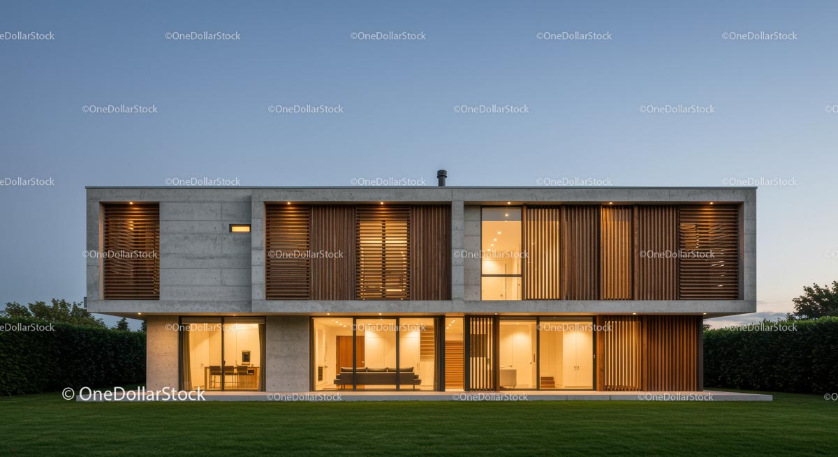 Modern Luxury Home with Wooden Accents at Dusk