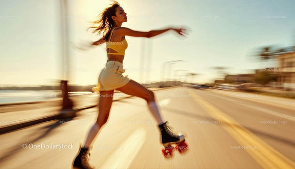 Young Woman Roller Skating on Sunny City Street