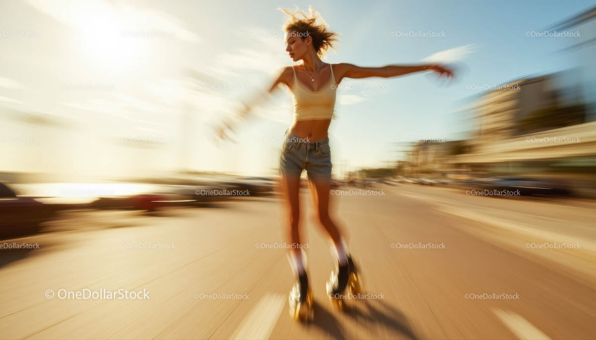Woman Roller Skating on a Sunny Urban Street