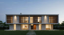 Modern Minimalist House with Wooden Facade at Dusk