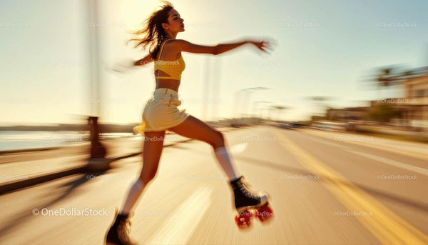 Young Woman Roller Skating on a Sunny Urban Road