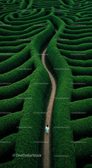 Woman Walking Through a Verdant Hedge Maze