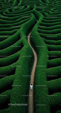 Woman Walking Through a Verdant Hedge Maze