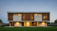 Modern Luxury Home with Wooden Accents at Dusk