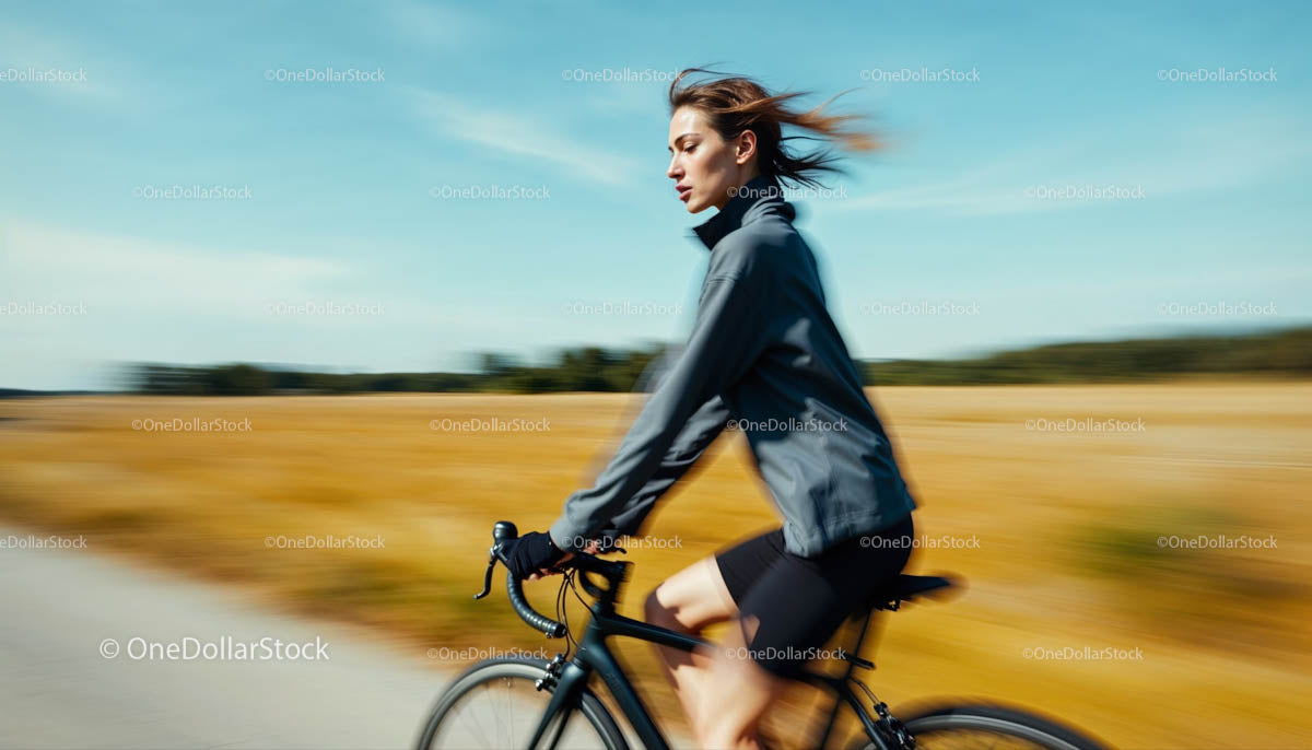 Woman Cycling Swiftly Across Sunlit Countryside