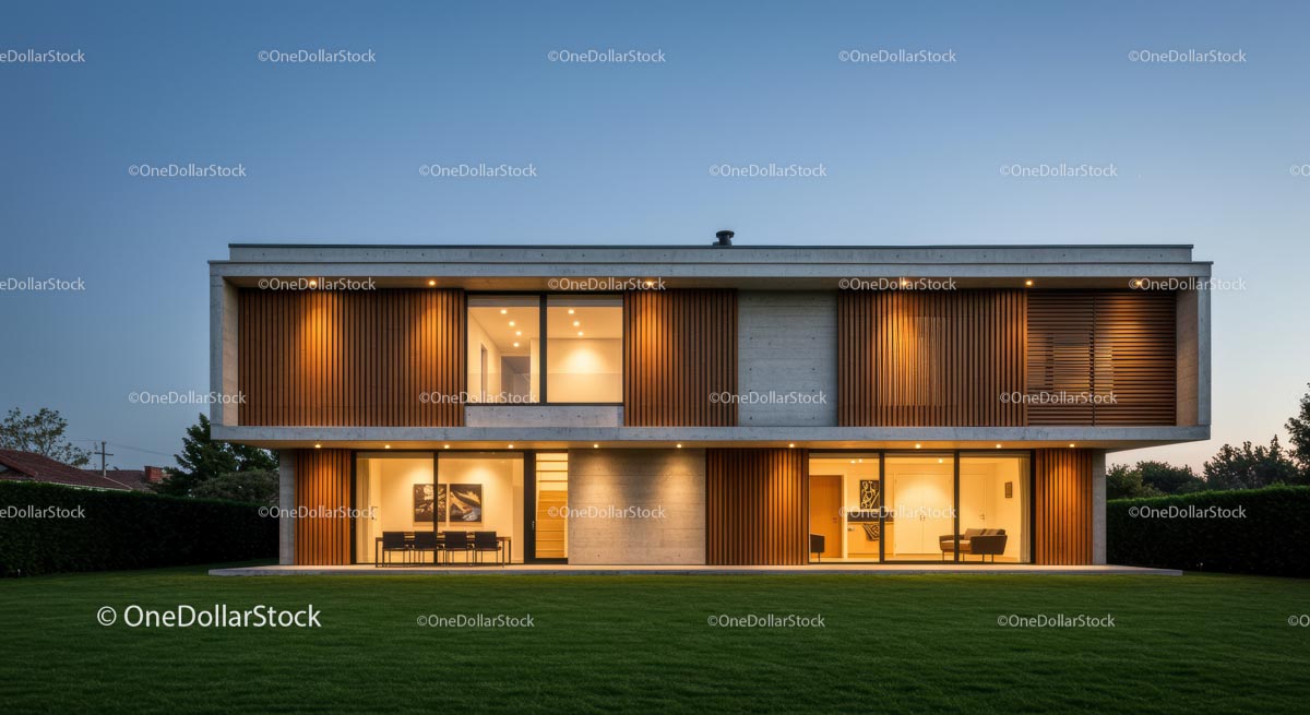 Modern Luxury Home with Wooden Accents at Dusk
