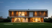 Modern Luxury Home with Wooden Accents at Dusk