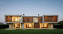 Modern Luxury Home with Wooden Accents at Dusk