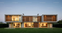 Modern Luxury Home with Wooden Accents at Dusk
