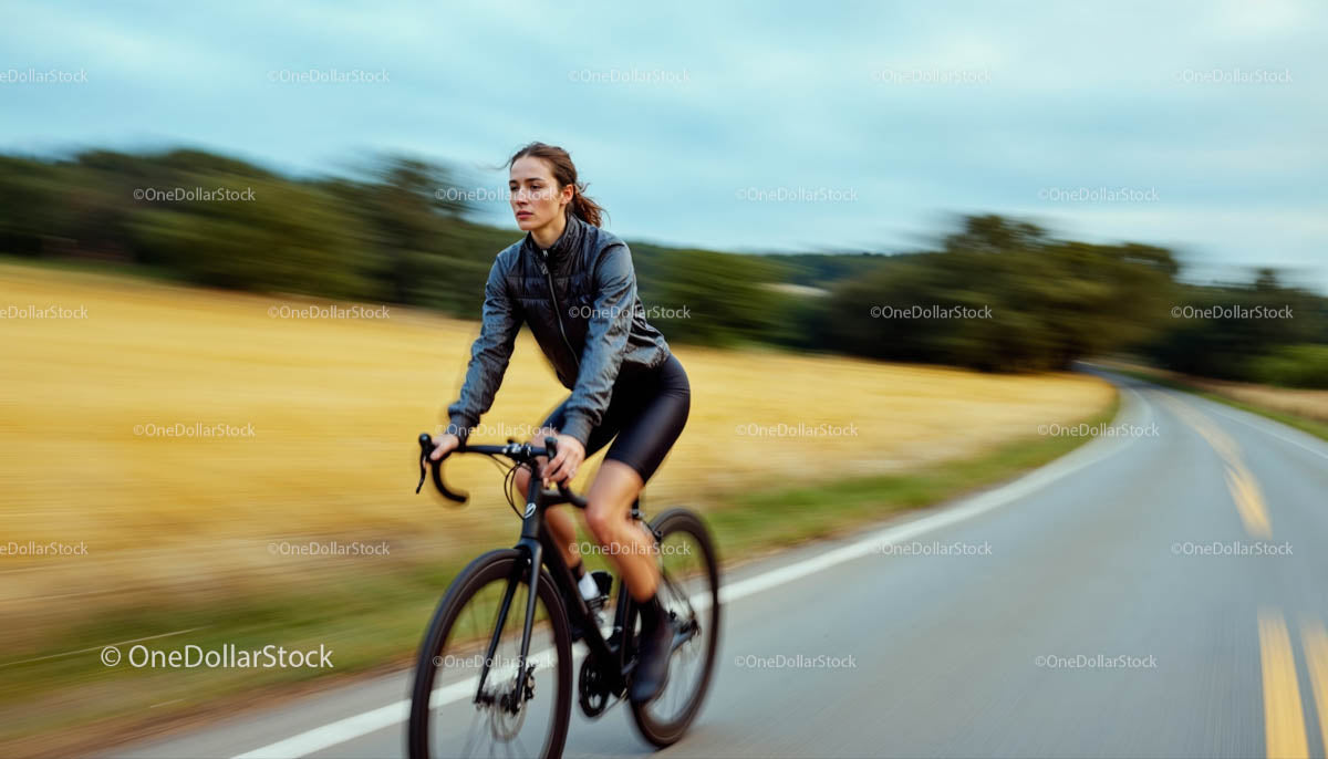 Woman Cycling on a Country Road in a Scenic Landscape