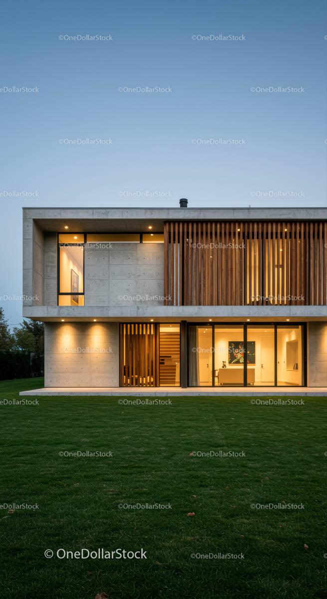 Luxury Modern House with Wooden Accents at Dusk